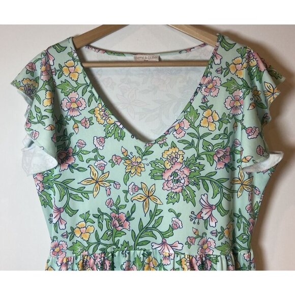 Smith & Quinn Dress Stretch Flutter Sleeve Green Pink Yellow Floral Large - Picture 3 of 5